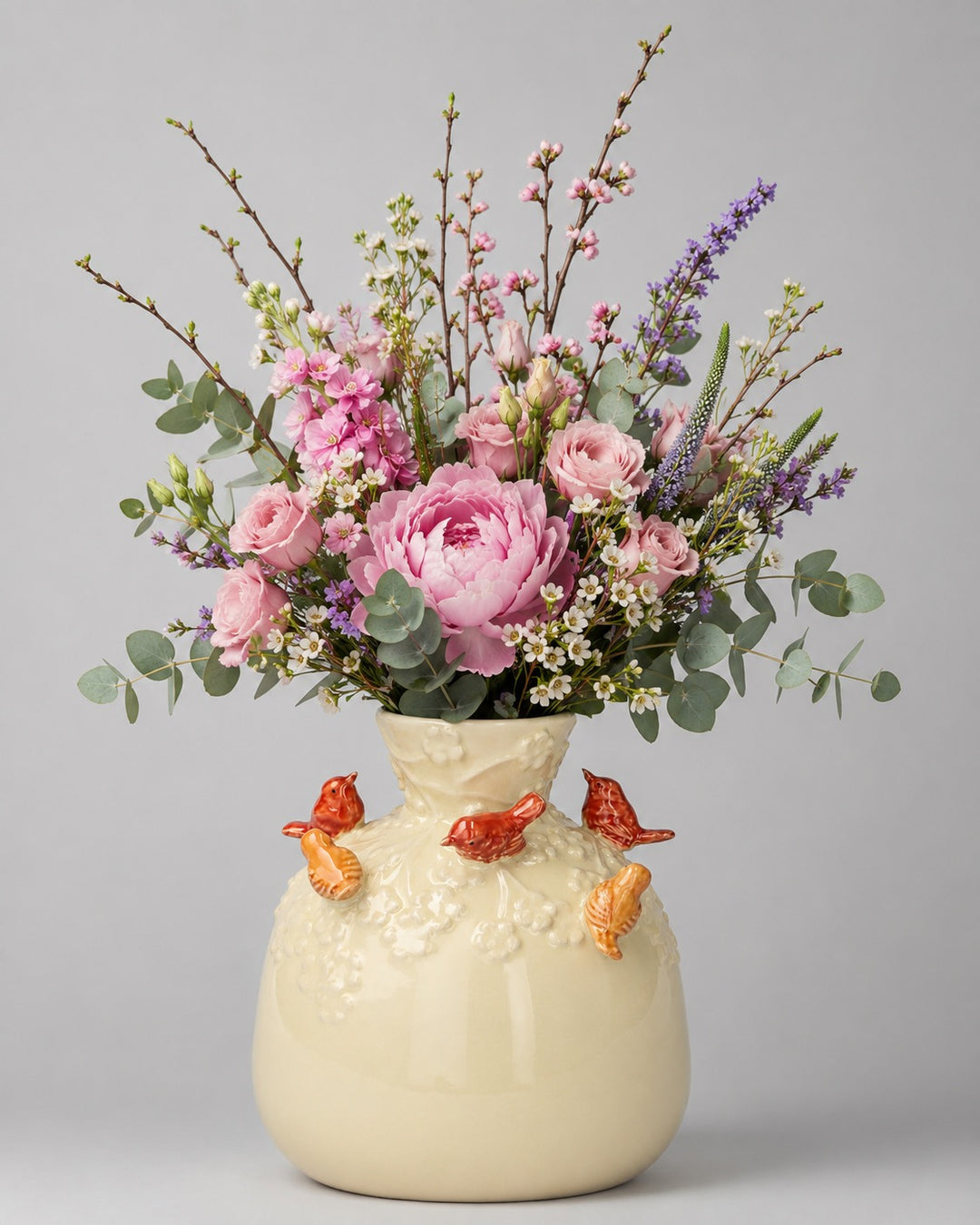 Wazon ceramiczny w kształcie butelki z motywem ptaków, kolor piaskowy, 19 cm