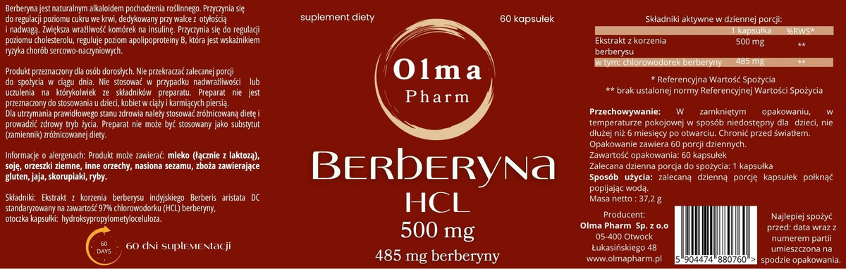 Berberyna HCL 500 mg 60 kapsułek